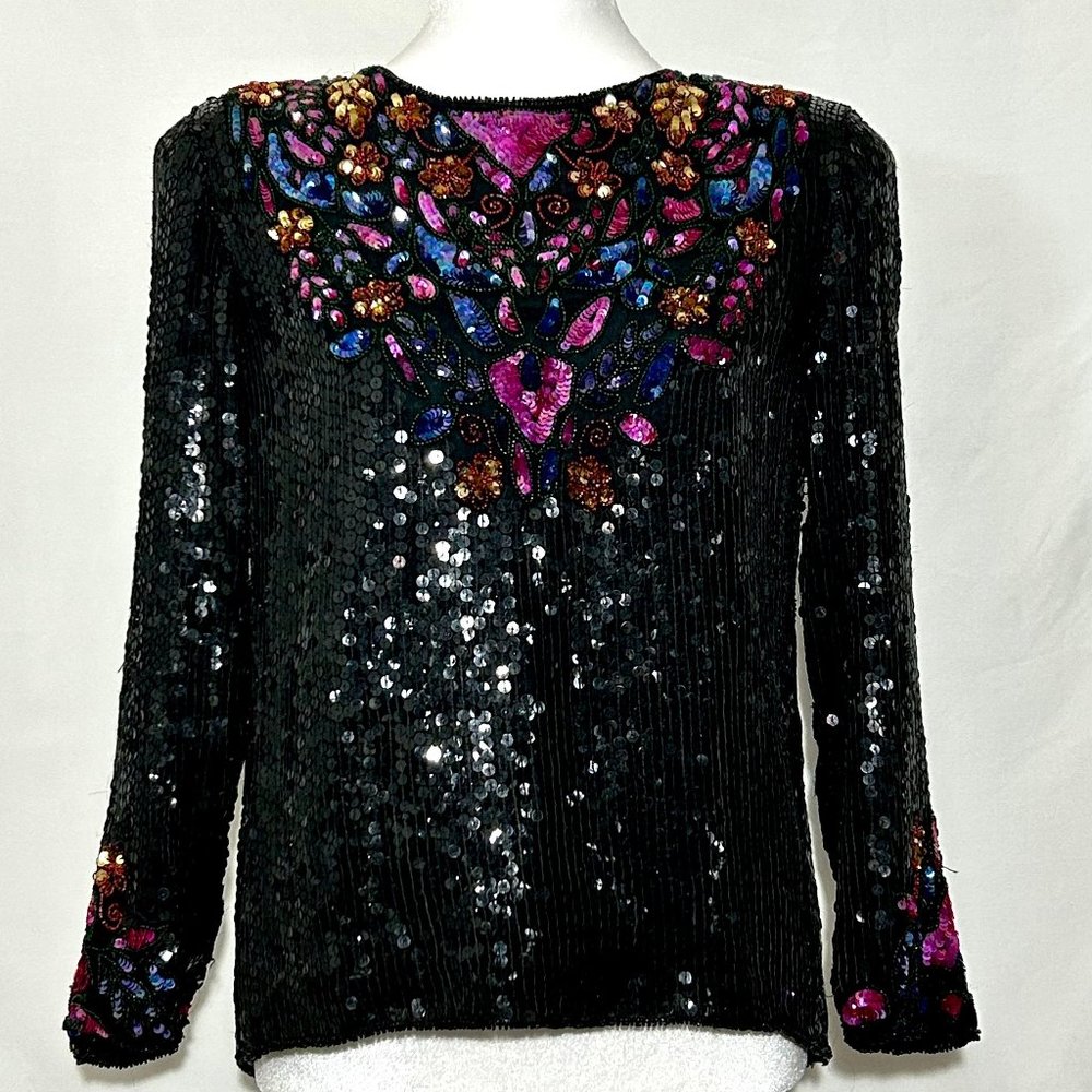 Petite Illustrations Vintage Black and Multi Colored Long Sleeve Blouse - Small
